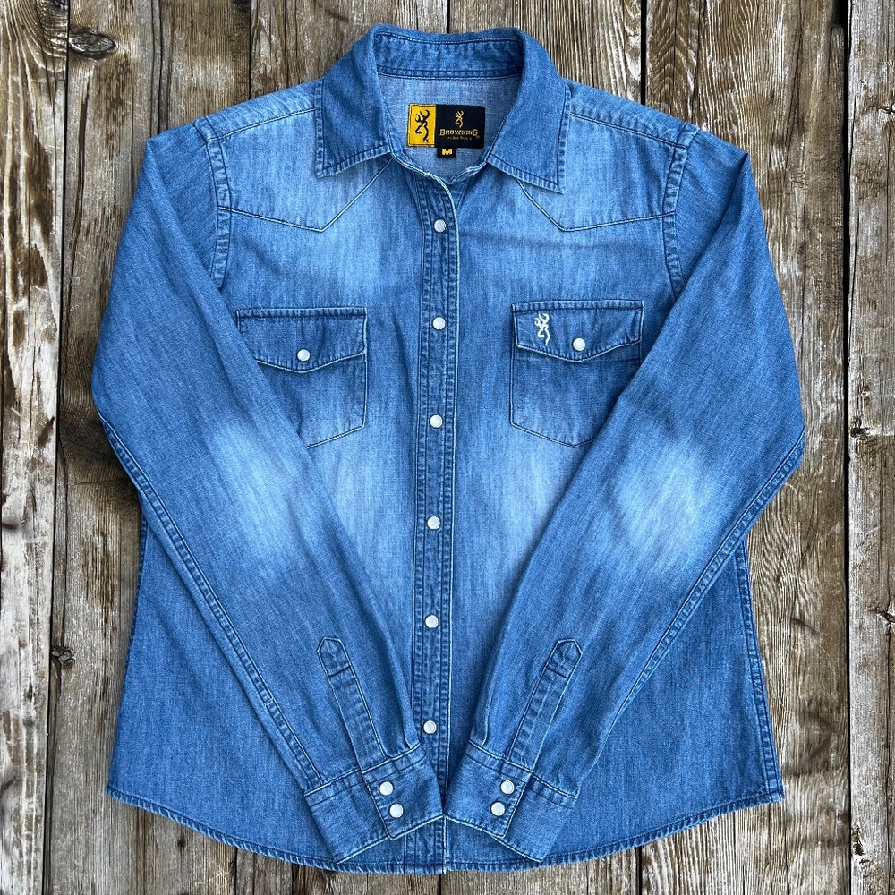 Browning Denim Shirt Authentic Pearl Snaps Embroidery Topstitching Women's M - Picture 2 of 9
